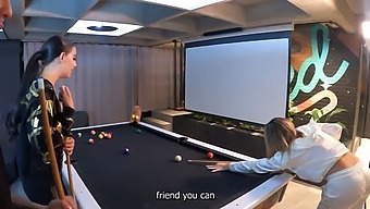 Lesbian Threesome With Two Stunning Brunettes And A Pool Table